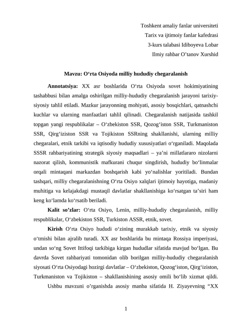 O‘rta Osiyoda milliy hududiy chegaralanish 1