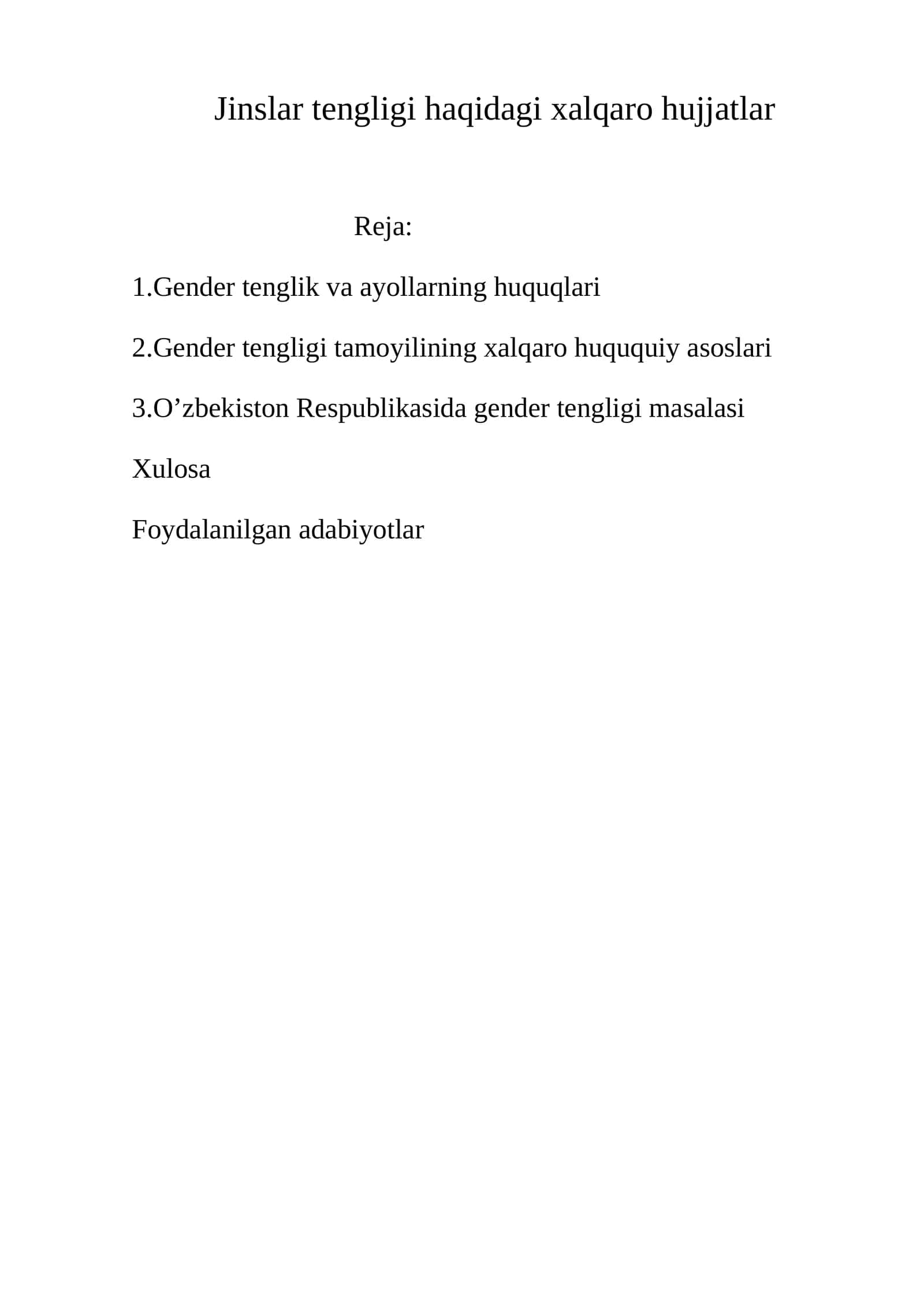 Jinslar tengligi haqidagi xalqaro hujjatlar 1
