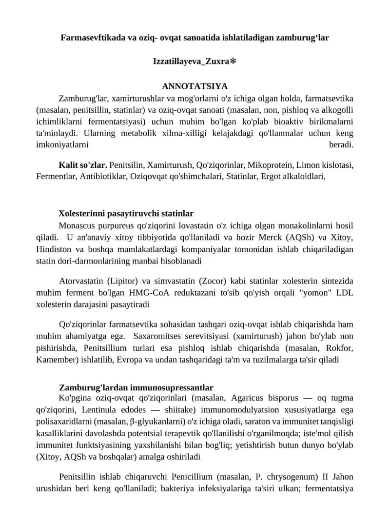 Zamburug'lar farmasevtikada va oziq-ovqat sanoatida 1