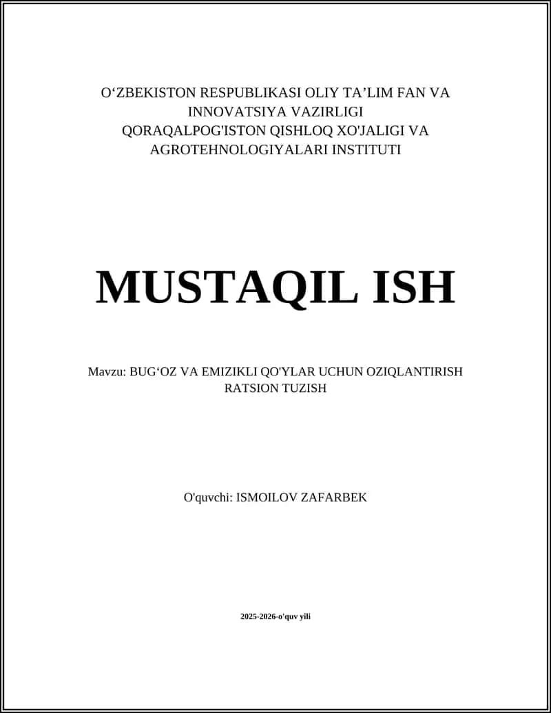 BUGʻOZ VA EMIZIKLI QO'YLAR UCHUN OZIQLANTIRISH RATSION TUZISH 1