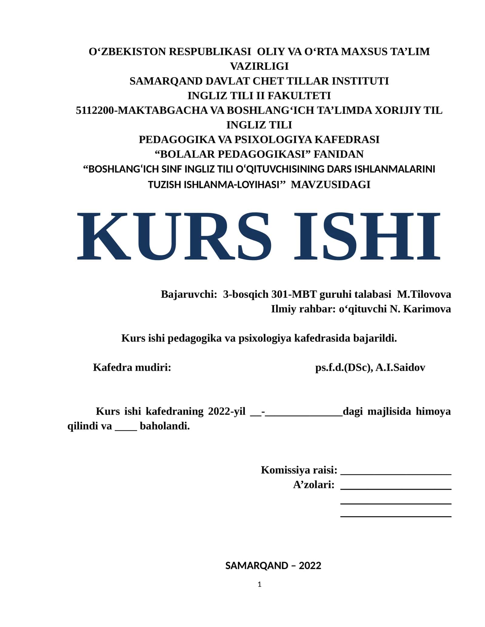 “BOSHLANGʻICH SINF INGLIZ TILI OʻQITUVCHISINING DARS ISHLANMALARINI TUZISH ISHLANMA-LOYIHASI’’ 1