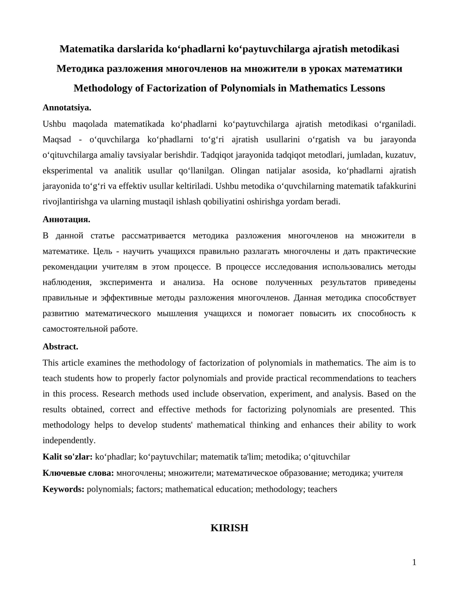 Matematikada koʻphadlarni koʻpaytuvchilarga ajratish metodikasi 1