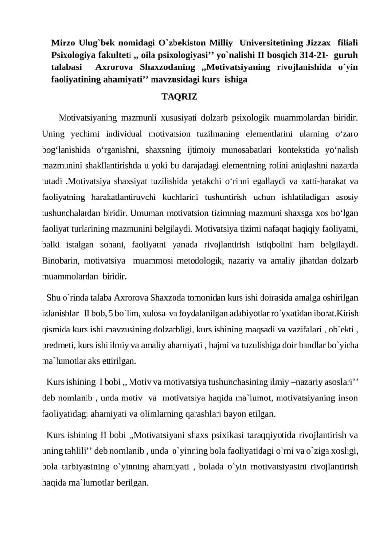 Motivatsiyaning rivojlanishida o`yin faoliyatining ahamiyati 1