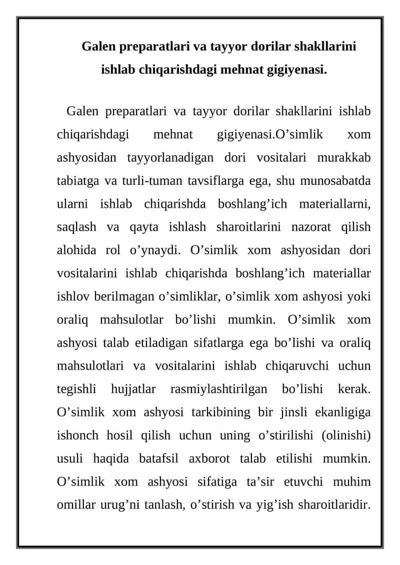 O’simlik xom ashyosidan dori vositasi 1