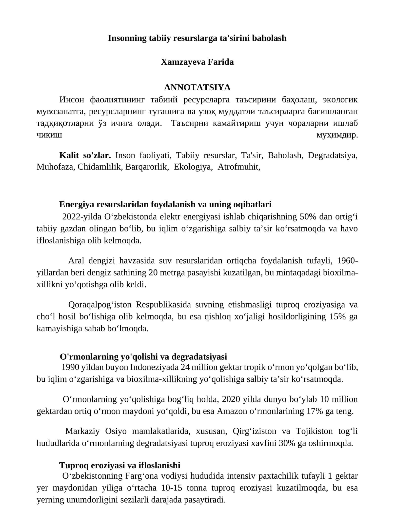 Insonning tabiiy resurslarga ta'sirini baholash 1
