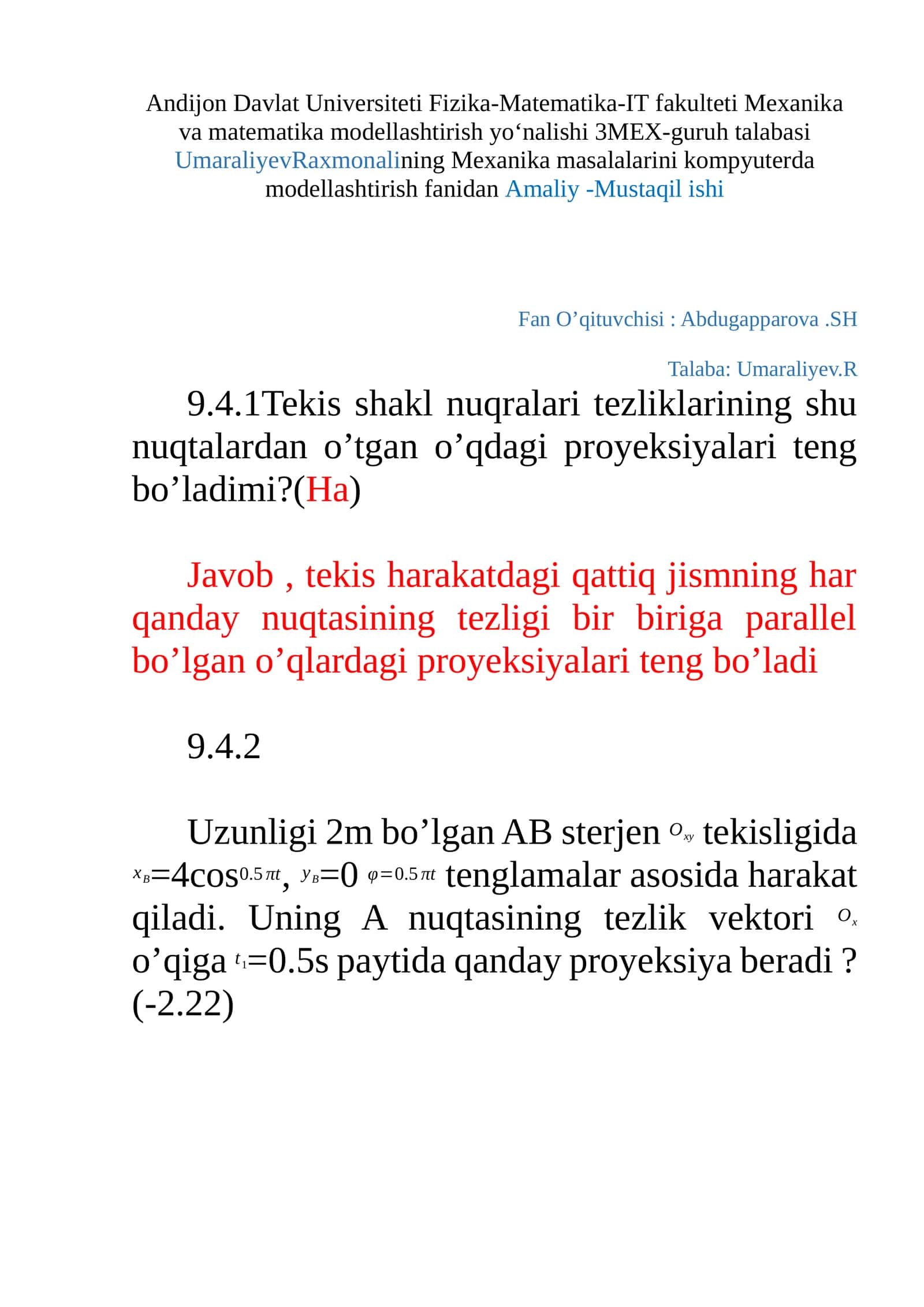 Mexanika masalalarini kompyuterda modellashtirish fanidan Amaliy -Mustaqil ishi 1