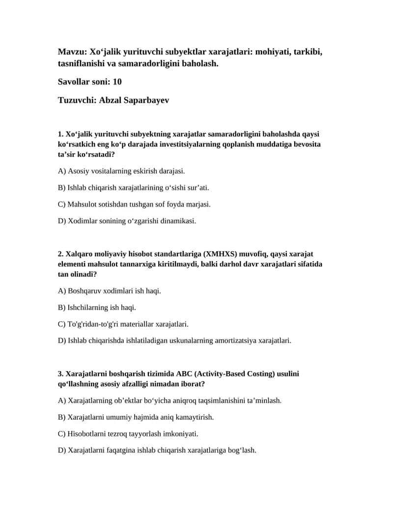 Xo‘jalik yurituvchi subyektlar xarajatlari: mohiyati, tarkibi, tasniflanishi va samaradorligini baholash 1