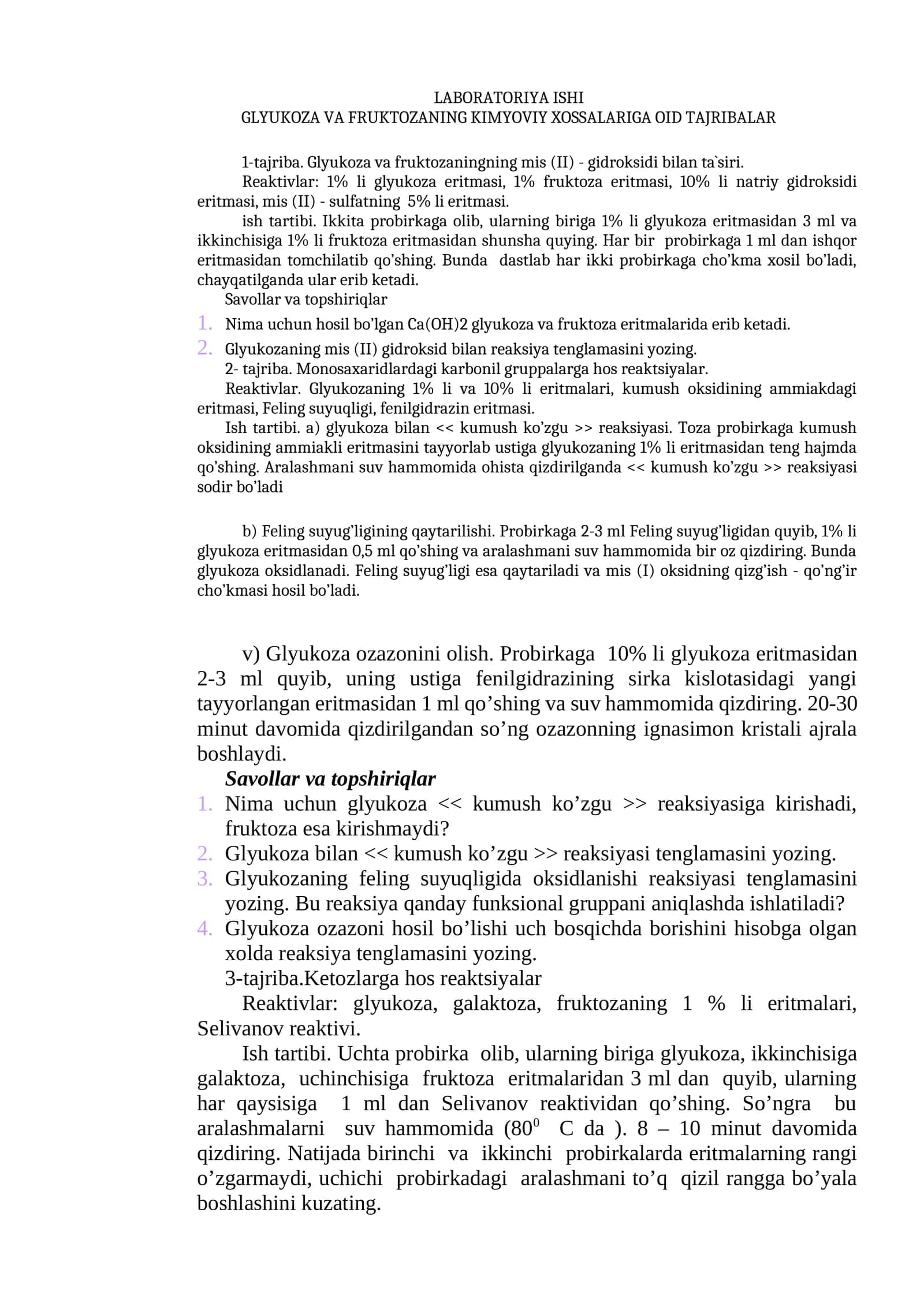 GLYUKOZA VA FRUKTOZANING KIMYOVIY XOSSALARIGA OID TAJRIBALAR 1