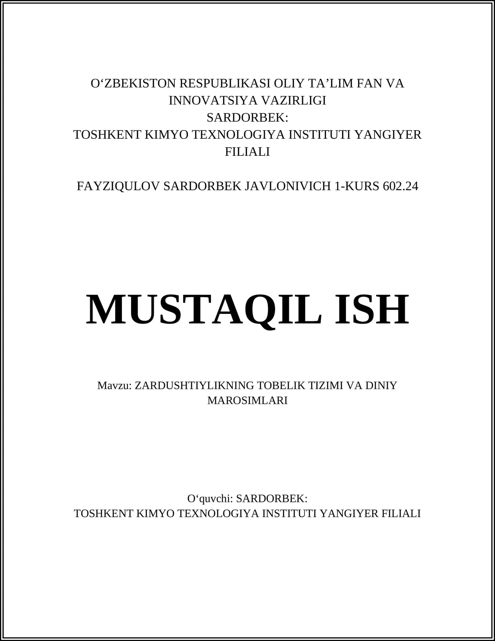 ZARDUSHTIYLIKNING TOBELIK TIZIMI VA DINIY MAROSIMLARI 1