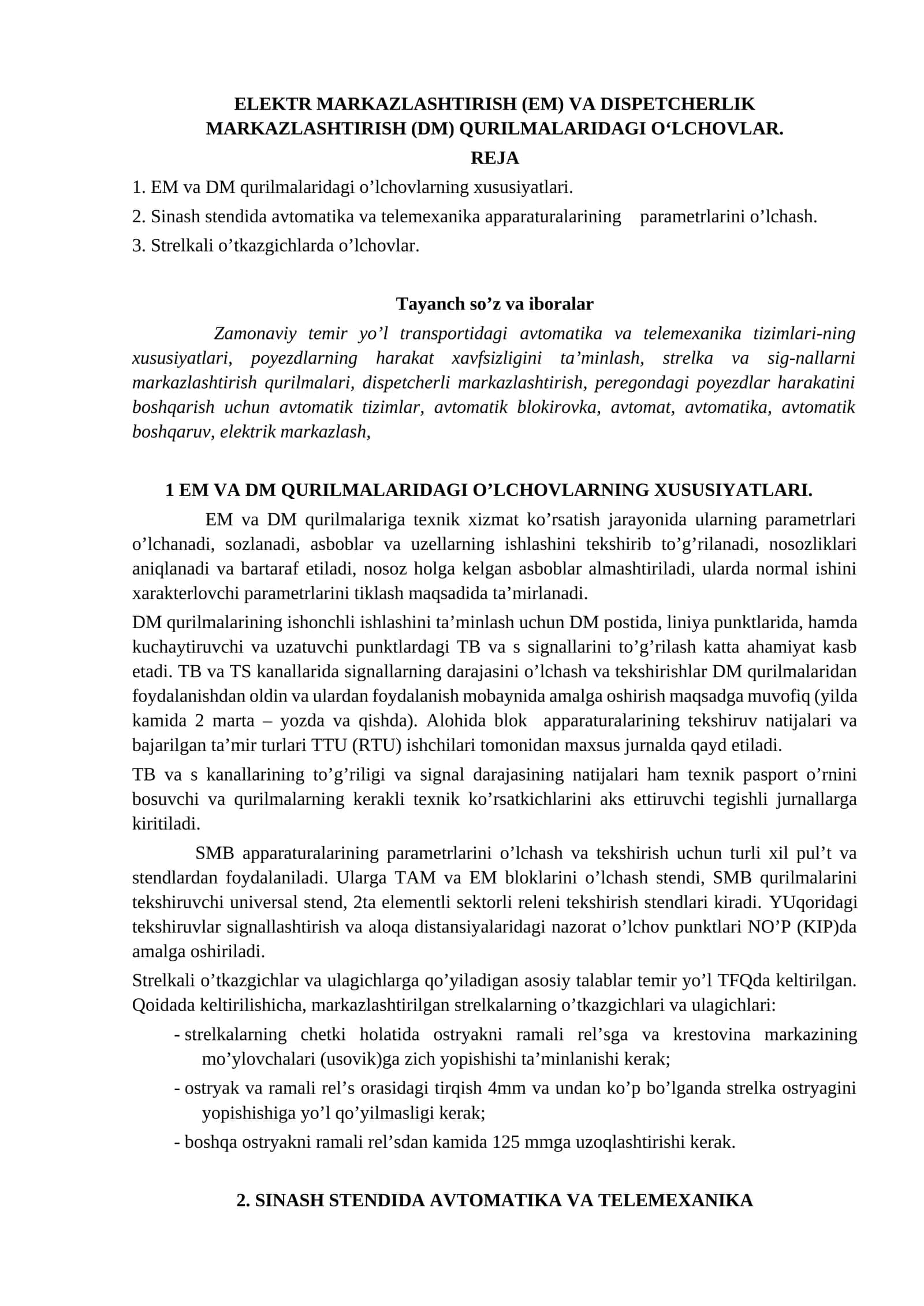 ELEKTR MARKAZLASHTIRISH (EM) VA DISPETCHERLIK MARKAZLASHTIRISH (DM) QURILMALARIDAGI O'LCHOVLAR 1