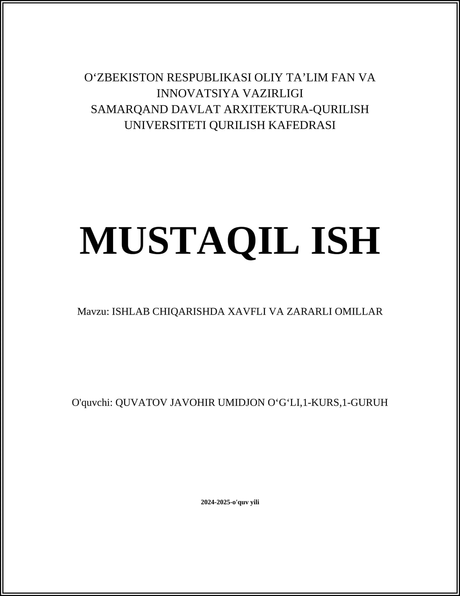 ISHLAB CHIQARISHDA XAVFLI VA ZARARLI OMILLAR 1