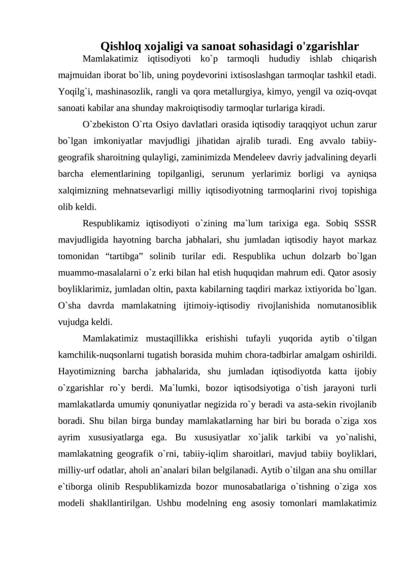 Qishloq xojaligi va sanoat sohasidagi o'zgarishlar 1