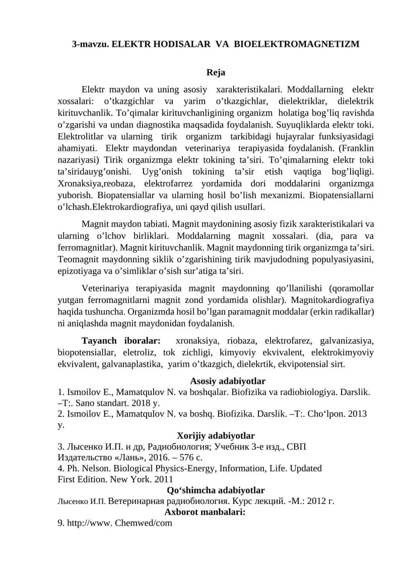 ELEKTR HODISALAR VA BIOELEKTROMAGNETIZM 1