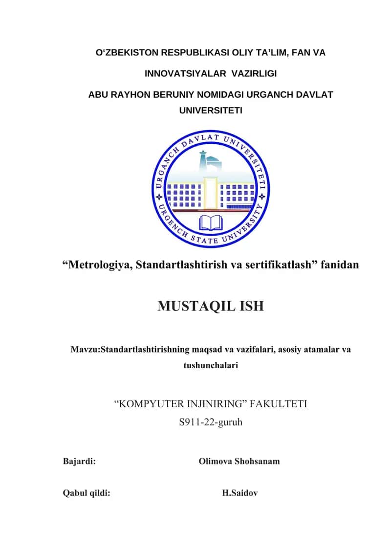 Standartlashtirishning maqsad va vazifalari, asosiy atamalar va tushunchalari 1