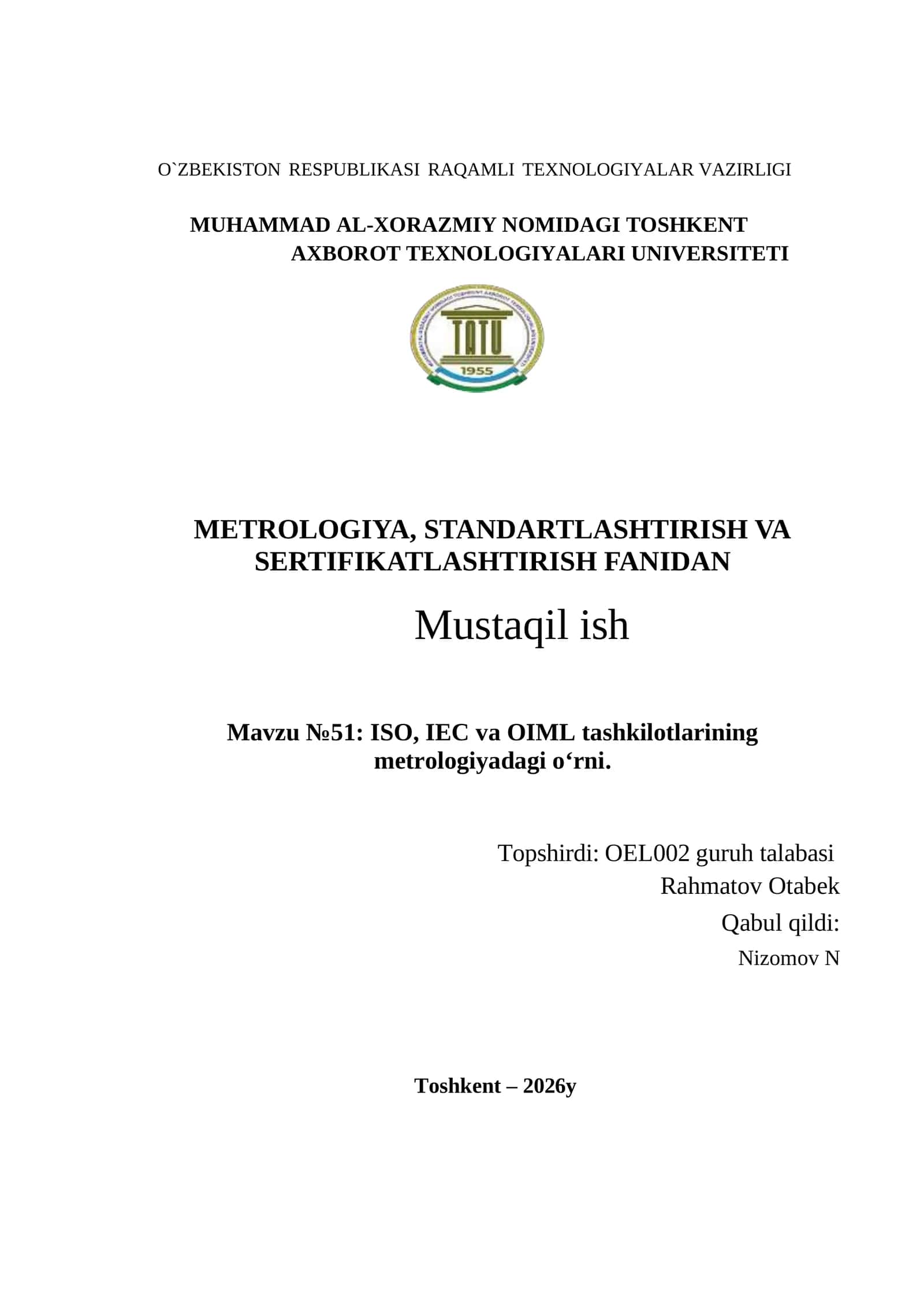 Mavzu №51: ISO, IEC va OIML tashkilotlarining metrologiyadagi o‘rni 1