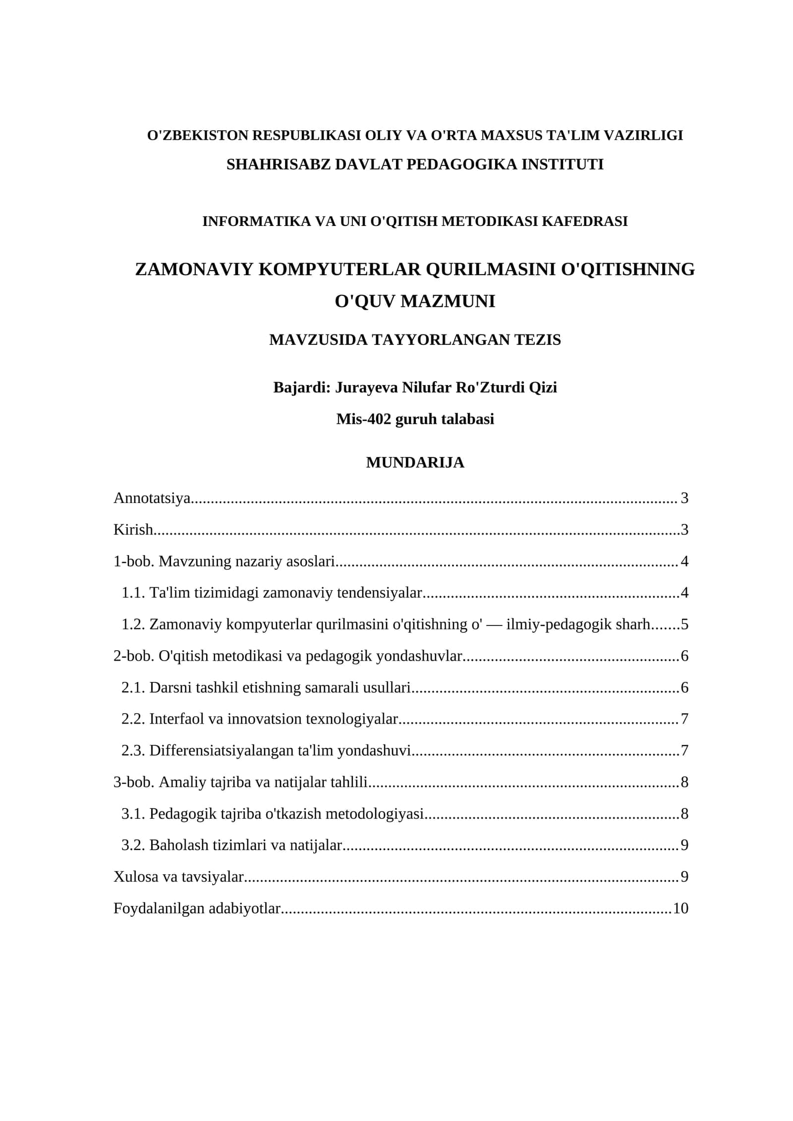 ZAMONAVIY KOMPYUTERLAR QURILMASINI O'QITISHNING O'QUV MAZMUNI 1