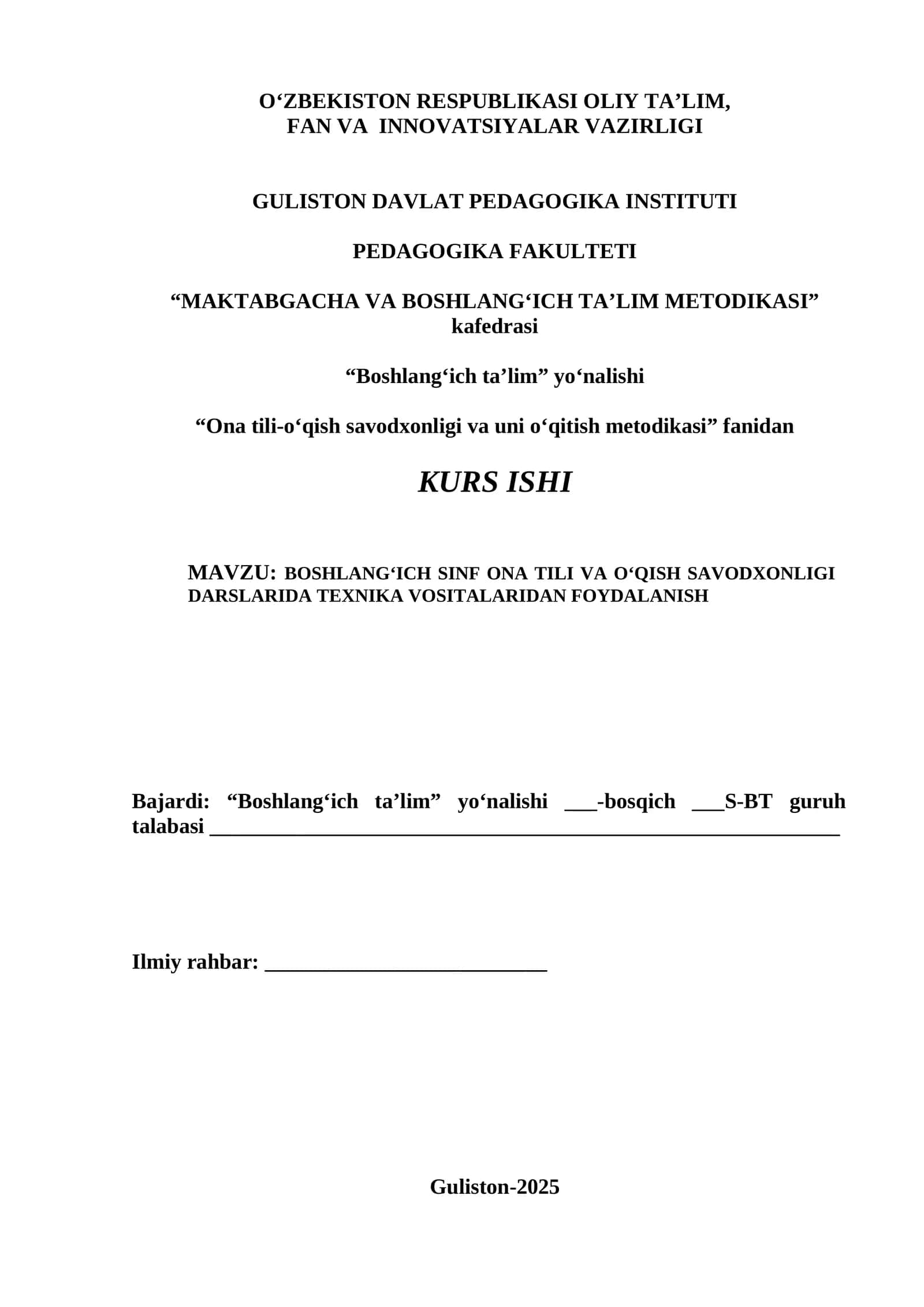 BOSHLANG‘ICH SINF ONA TILI VA O‘QISH SAVODXONLIGI DARSLARIDA TEXNIKA VOSITALARIDAN FOYDALANISH 1