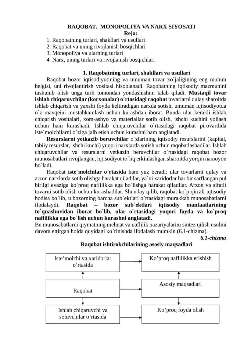 RAQOBAT, MONOPOLIYA VA NARX SIYOSATI 1