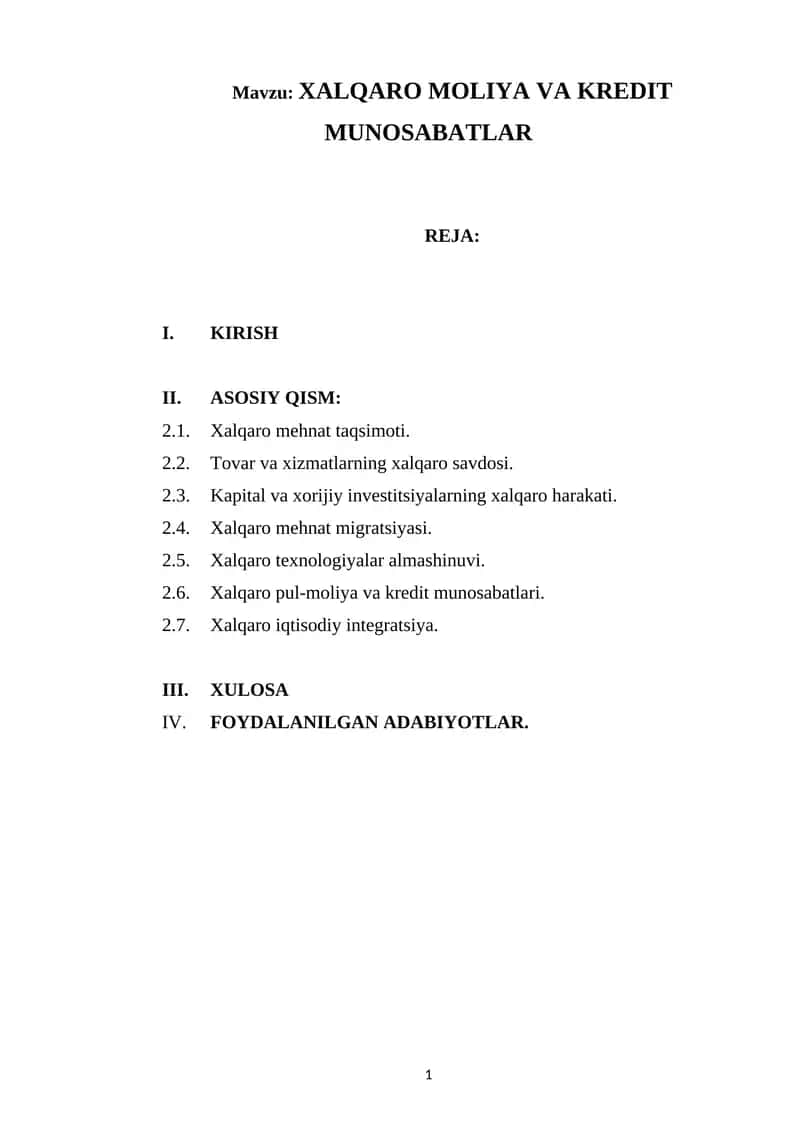 XALQARO MOLIYA VA KREDIT MUNOSABATLAR 1