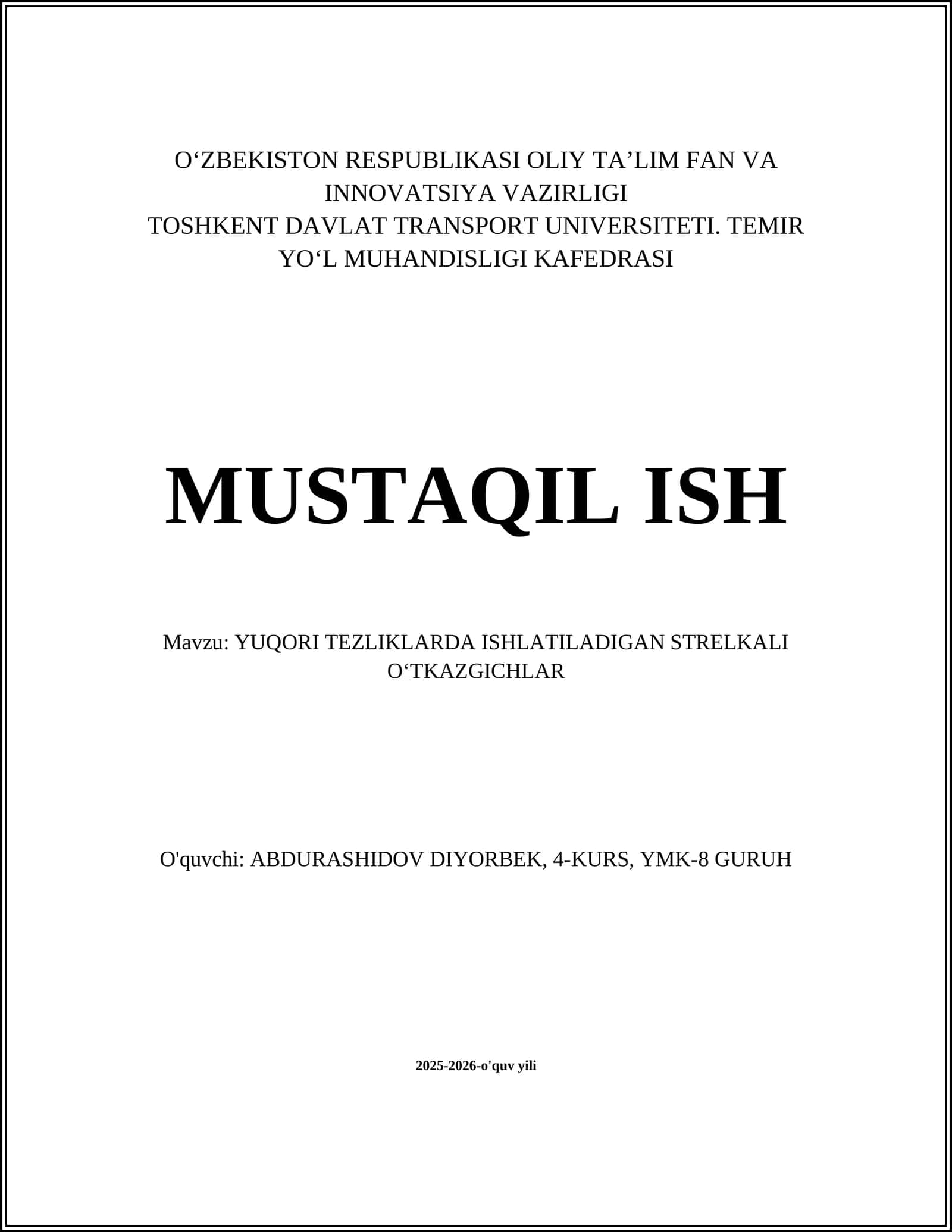 YUQORI TEZLIKLARDA ISHLATILADIGAN STRELKALI OʻTKAZGICHLAR 1