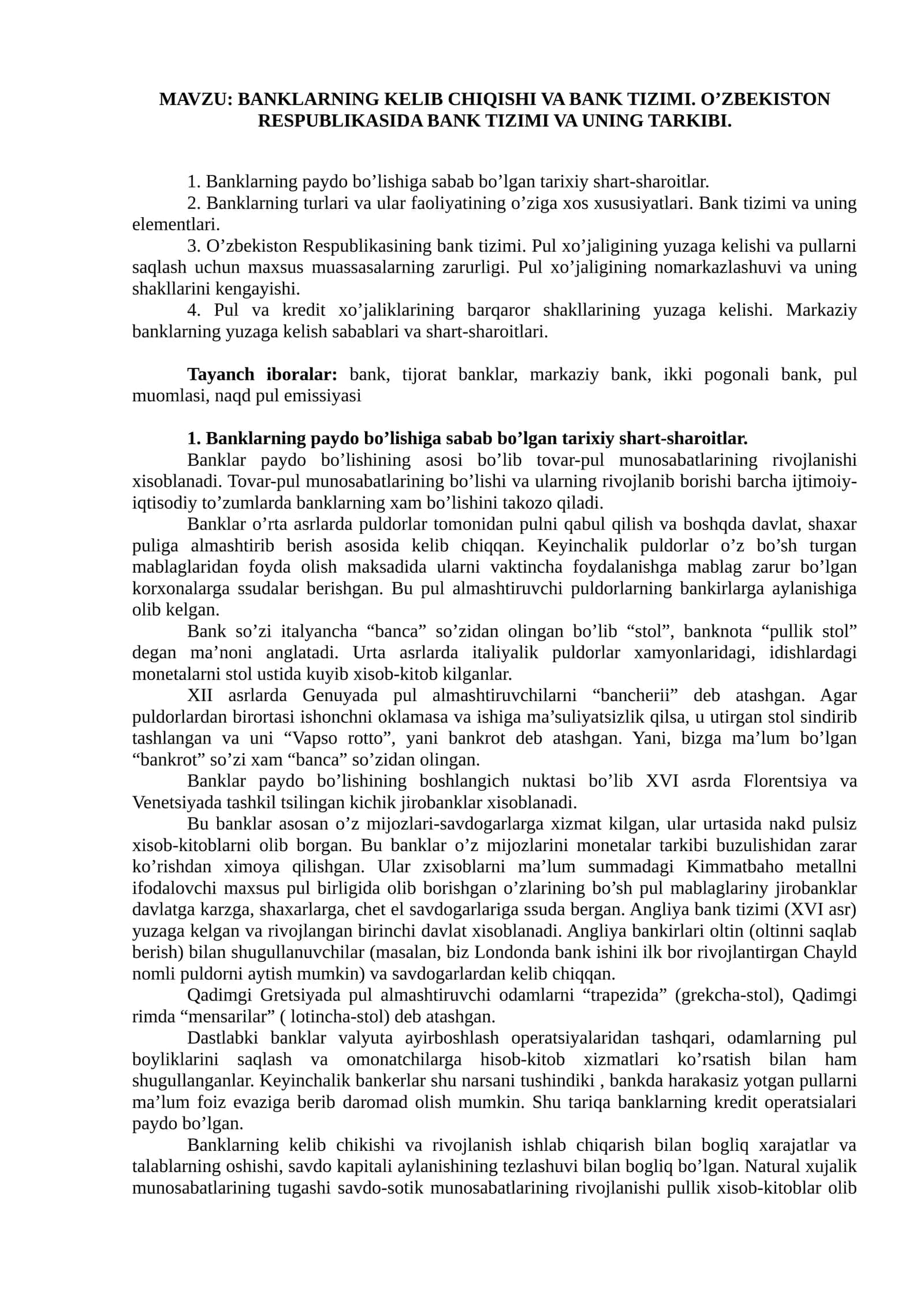 BANKLARNING KELIB CHIQISHI VA BANK TIZIMI. O’ZBEKISTON RESPUBLIKASIDA BANK TIZIMI VA UNING TARKIBI. 1