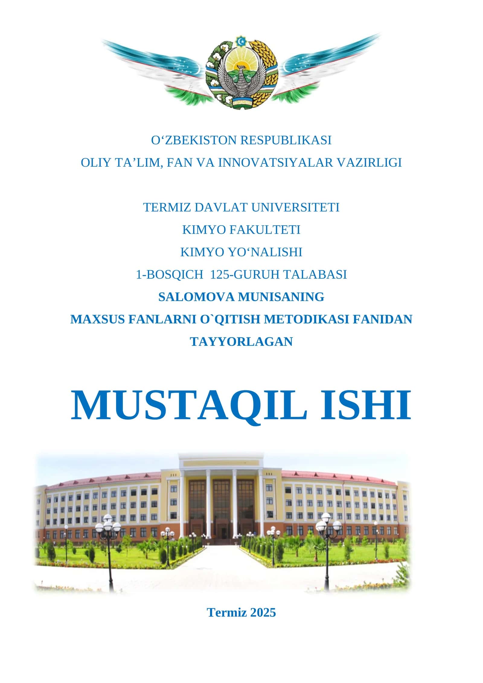 MAXSUS FANLARNI O`QITISH METODIKASI FANIDAN TAYYORLAGAN MUSTAQIL ISHI 1