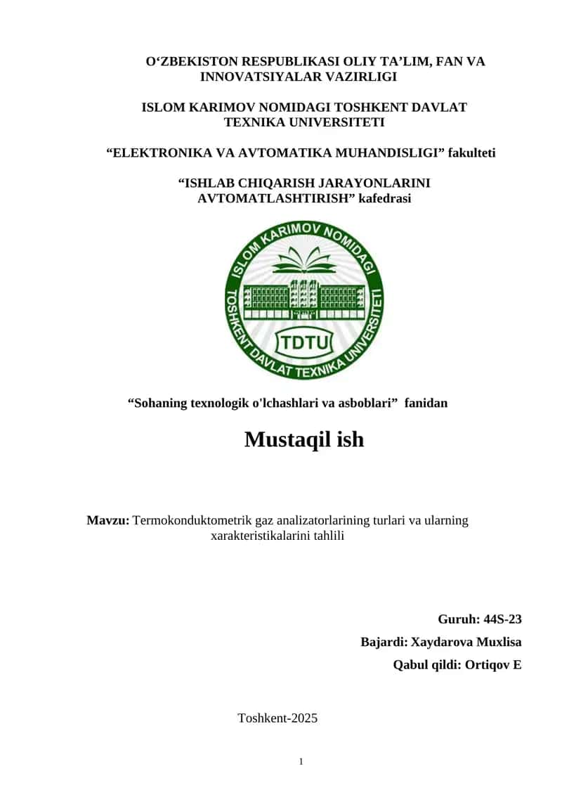 Termokonduktometrik gaz analizatorlarining turlari va ularning xarakteristikalarini tahlili 1