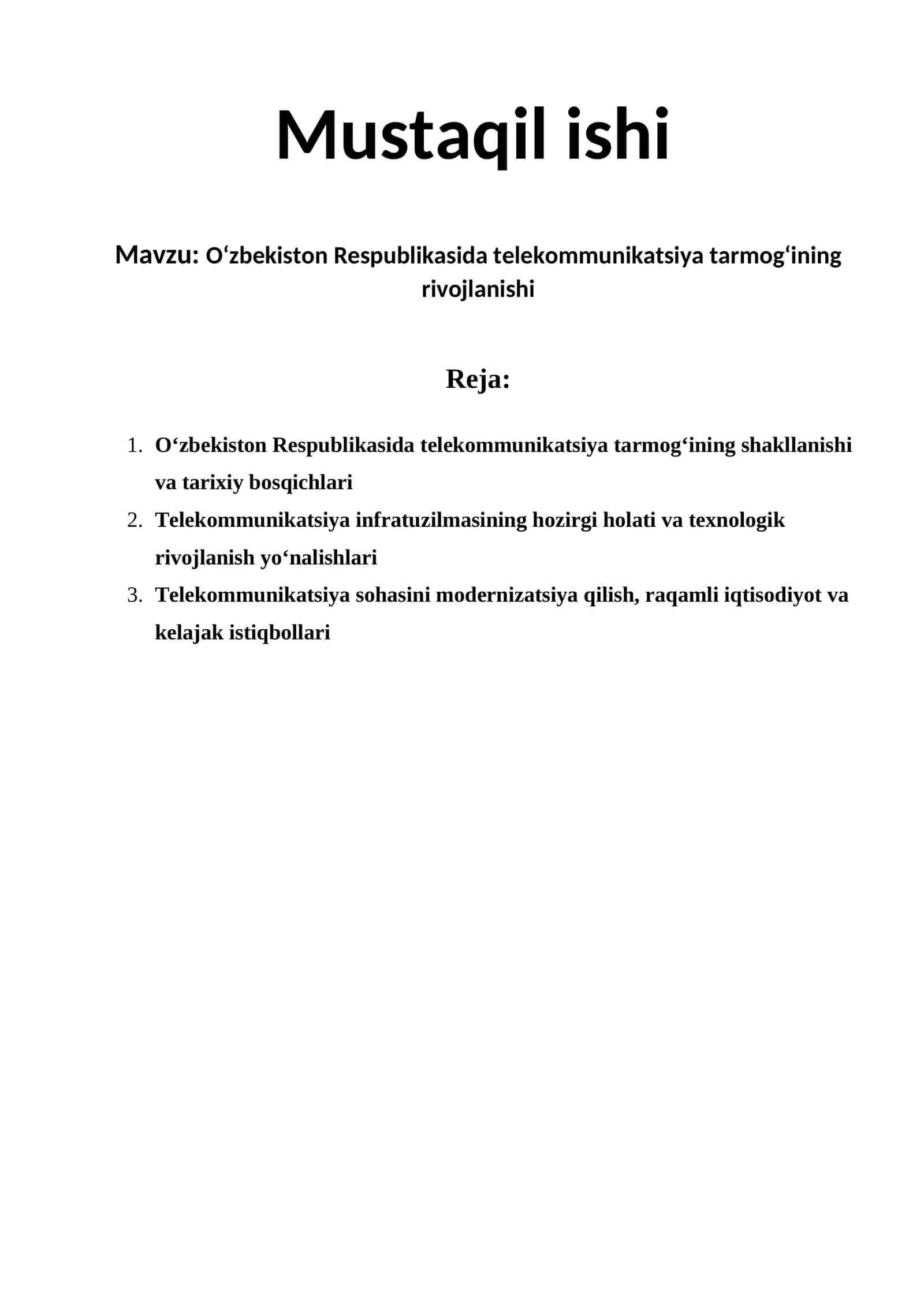 O‘zbekiston Respublikasida telekommunikatsiya tarmog‘ining rivojlanishi 1