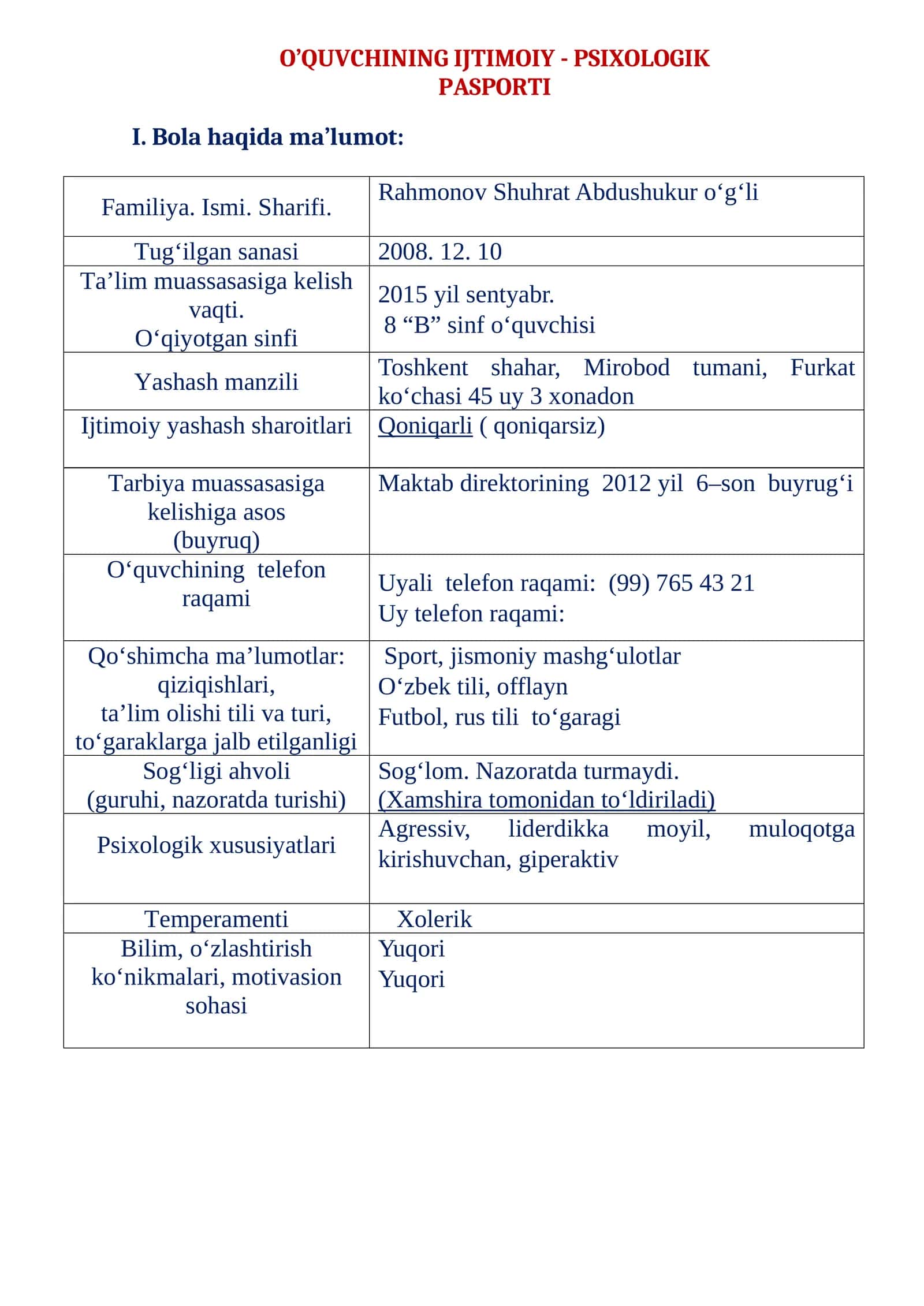 O’QUVCHINING IJTIMOIY - PSIXOLOGIK PASPORTI 1