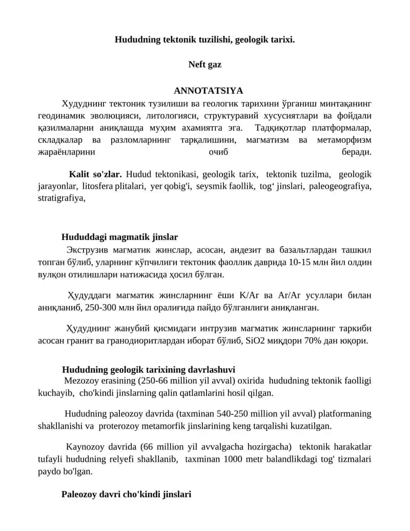 Hududning tektonik tuzilishi, geologik tarixi 1