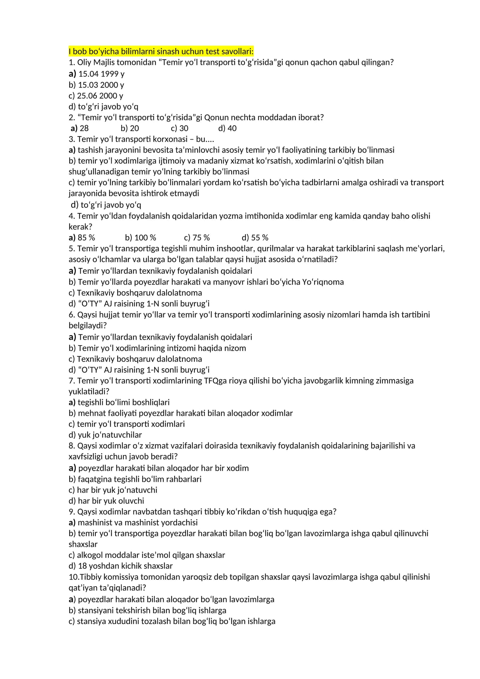 Bob bo‘yicha bilimlarni sinash uchun test savollari 1