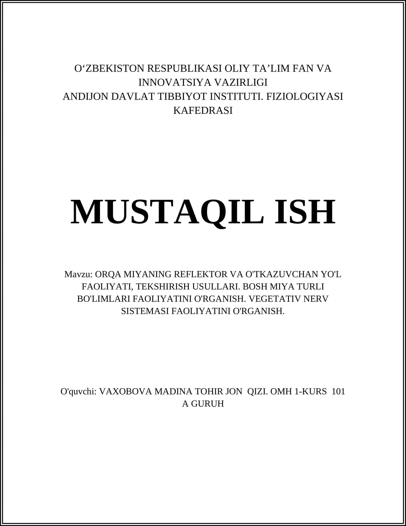 ORQA MIYANING REFLEKTOR VA O'TKAZUVCHAN YO'L FAOLIYATI 1