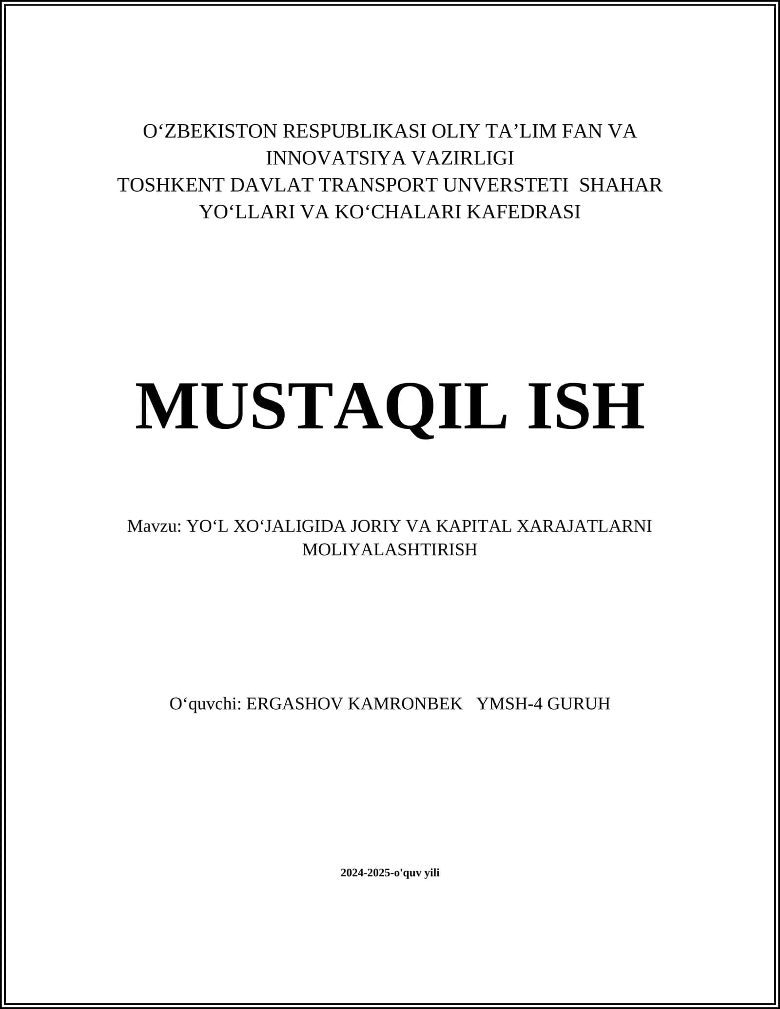 Yo'l xo'jaligida joriy va kapital xarajatlarni moliyalashtirish 1