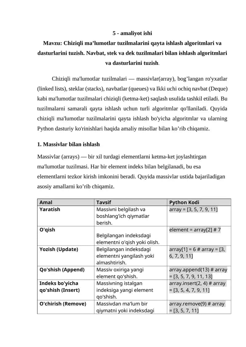 Chiziqli ma’lumotlar tuzilmalarini qayta ishlash algoritmlari va dasturlarini tuzish. Navbat, stek va dek tuzilmalari bilan ishlash algoritmlari va dasturlarini tuzish. 1