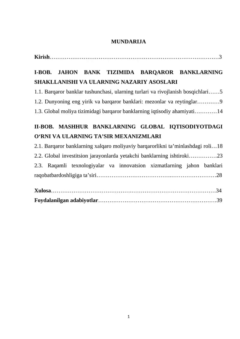 Jahonda mashhur va barqaror banklarning global iqtisodiyotda tutgan o'rni 1