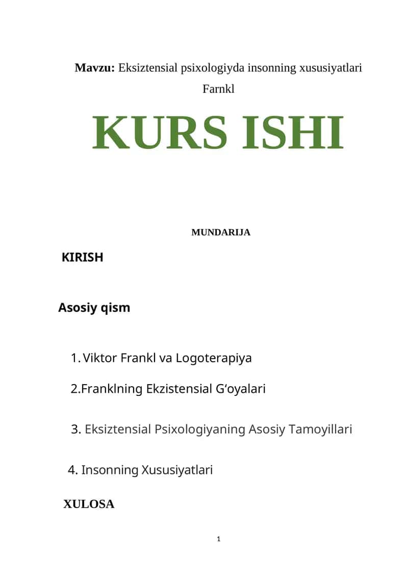 Eksiztensial psixologiyda insonning xususiyatlari Farnkl 1