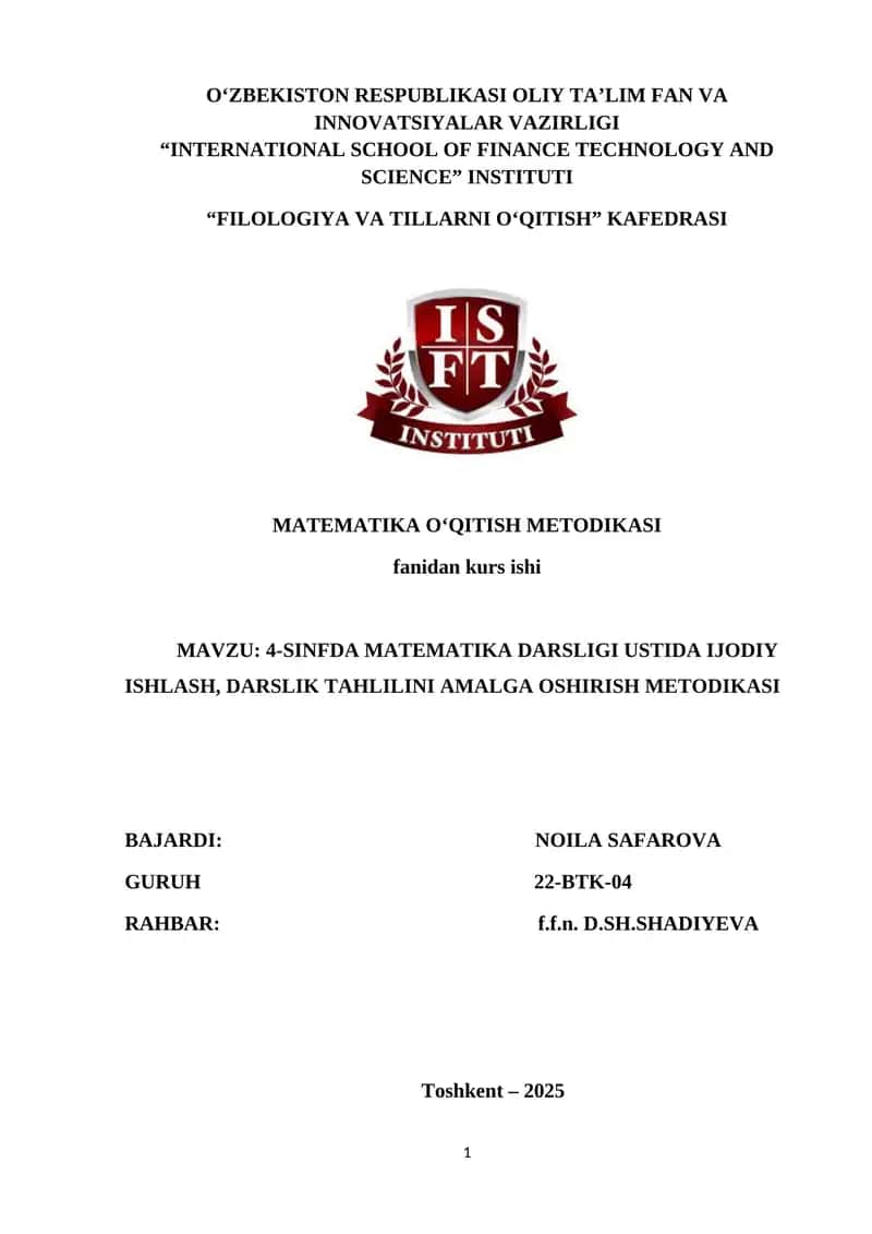 MATEMATIKA O‘QITISH METODIKASI 1