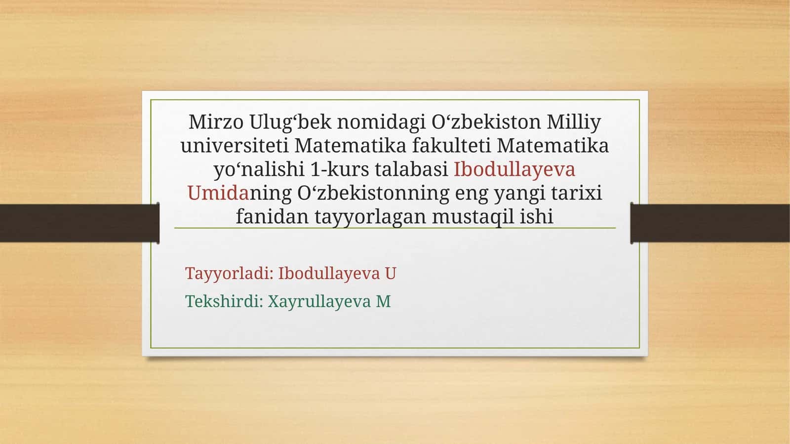 Oʻzbekistonning yangi tarixi fanidan tayyorlagan mustaqil ish 1