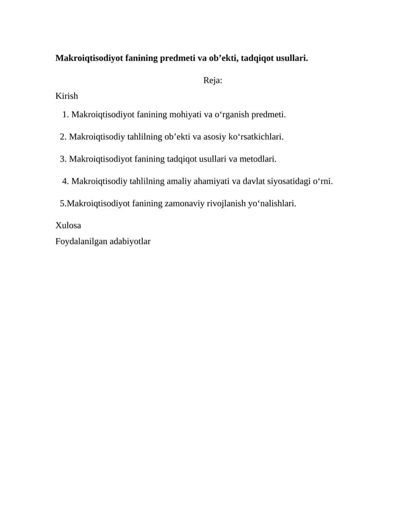 Makroiqtisodiyot fanining predmeti va ob’ekti, tadqiqot usullari 1