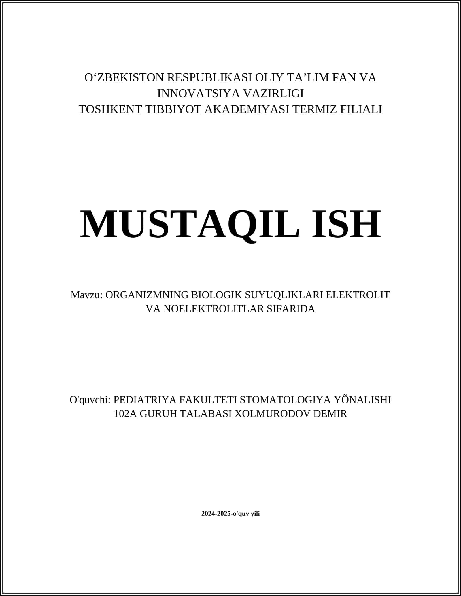 ORGANIZMNING BIOLOGIK SUYUQLIKLARI ELEKTROLIT VA NOELEKTROLITLAR SIFARIDA 1