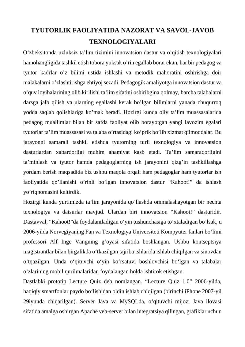 TYUTORLIK FAOLIYATIDA NAZORAT VA SAVOL-JAVOB TEXNOLOGIYALARI 1