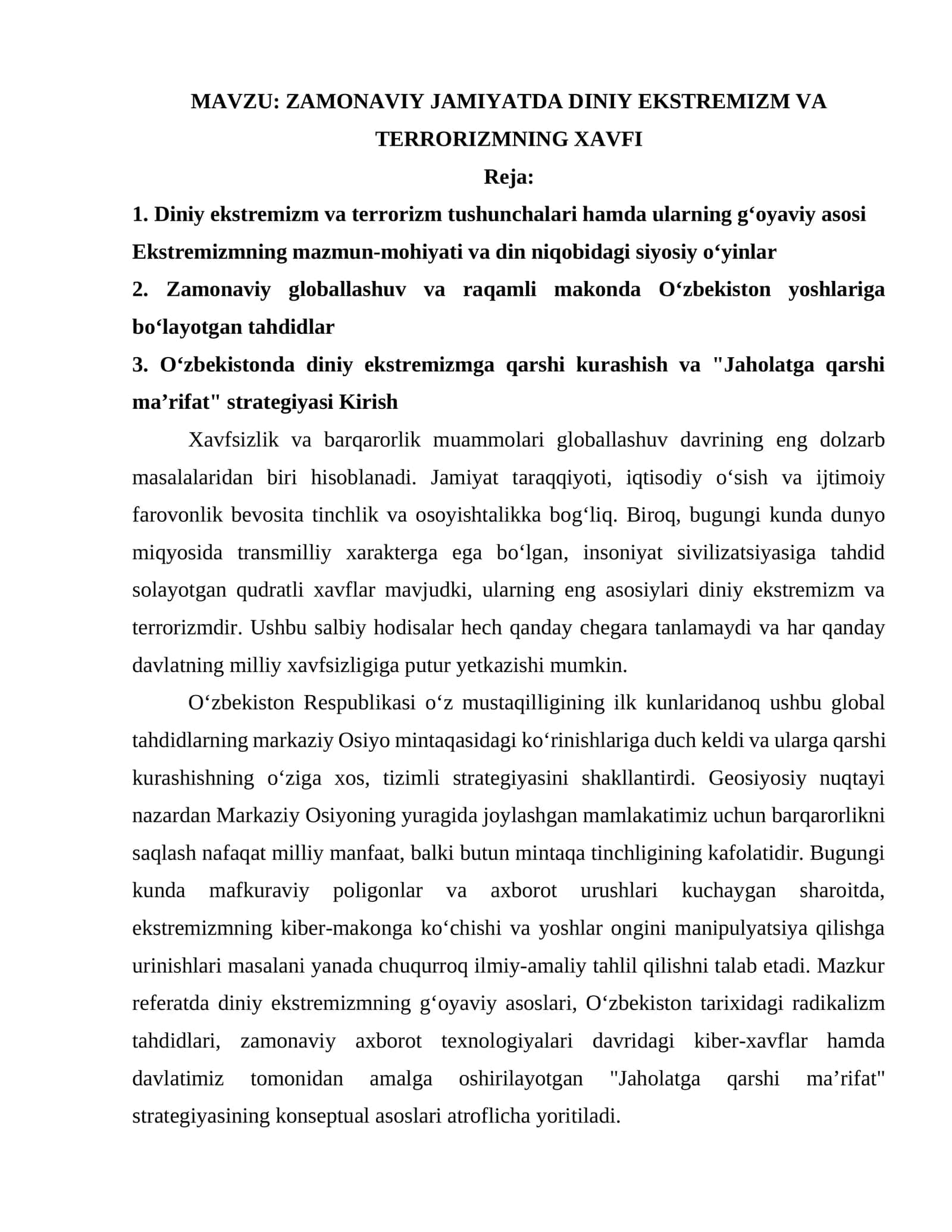 ZAMONAVIY JAMIYATDA DINIY EKSTREMIZM VA TERRORIZMNING XAVFI 1