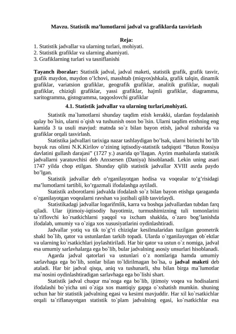 Statistik ma’lumotlarni jadval va grafiklarda tasvirlash 1