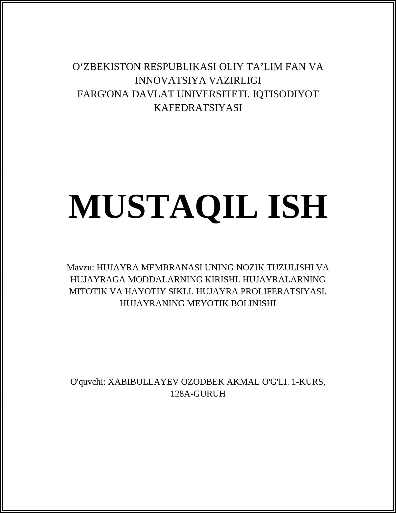 HUJAYRA MEMBRANASI UNING NOZIK TUZULISHI VA HUJAYRAGA MODDALARNING KIRISHI 1