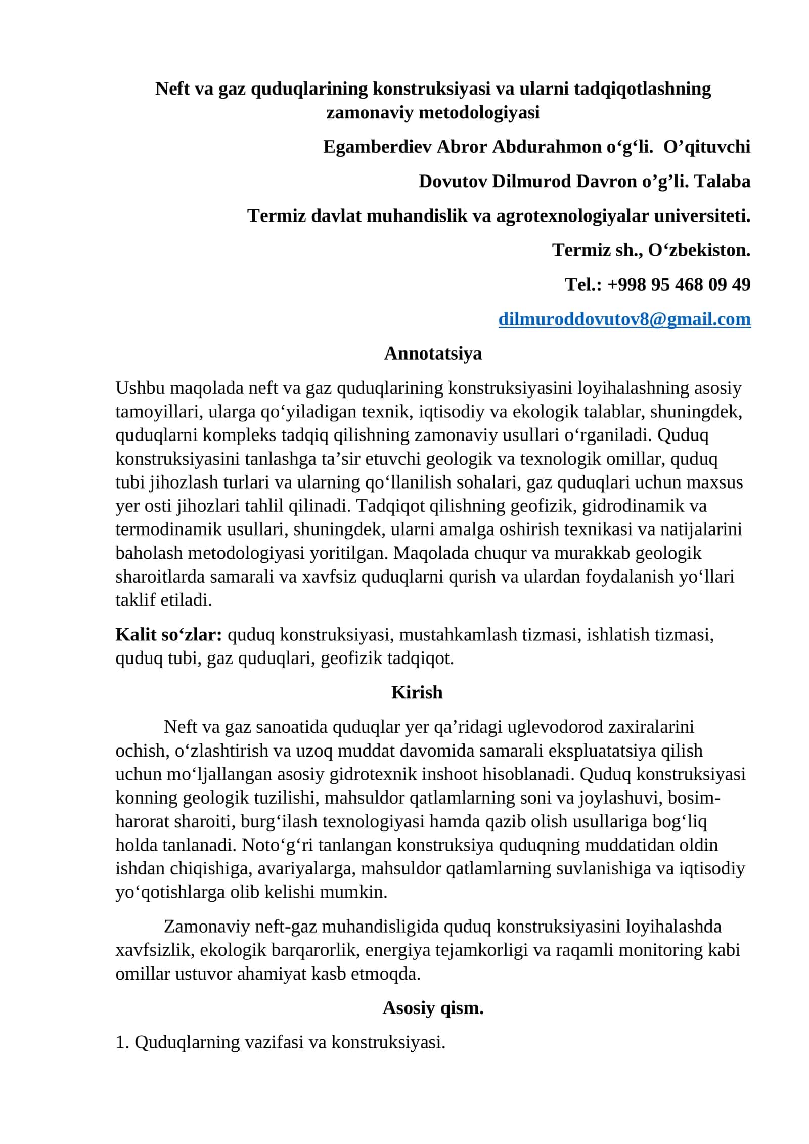 Neft va gaz quduqlarining konstruksiyasi va ularni tadqiqotlashning zamonaviy metodologiyasi 1