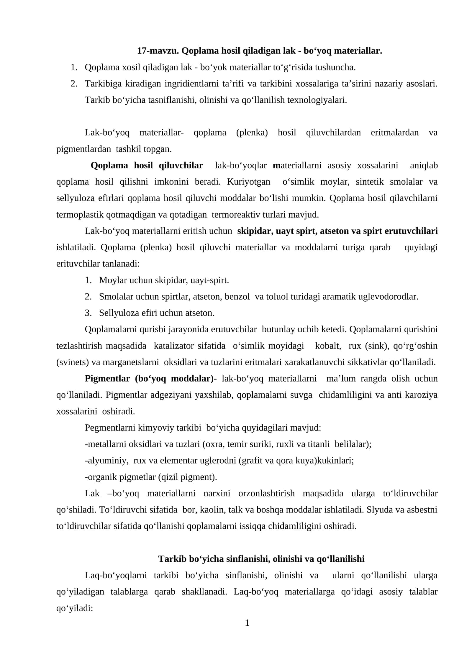 Qoplama hosil qiladigan lak - bo‘yoq materiallar 1