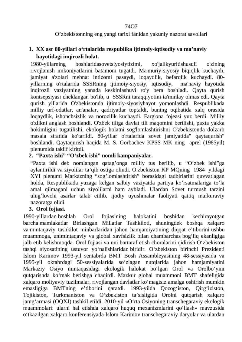 O’zbekistonning eng yangi tarixi fanidan yakuniy nazorat savollari 1