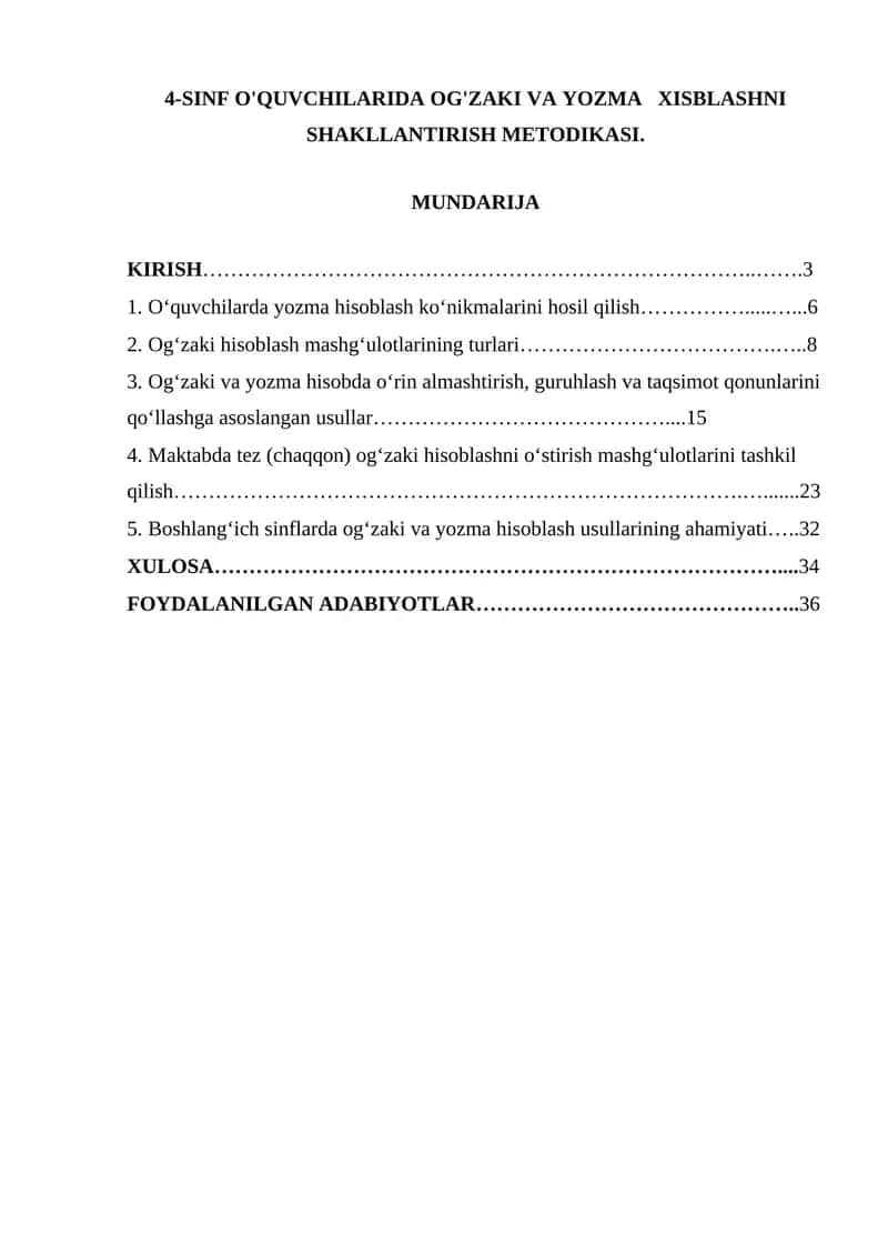4-SINF O'QUVCHILARIDA OG'ZAKI VA YOZMA XISBLASHNI SHAKLLANTIRISH METODIKASI 1