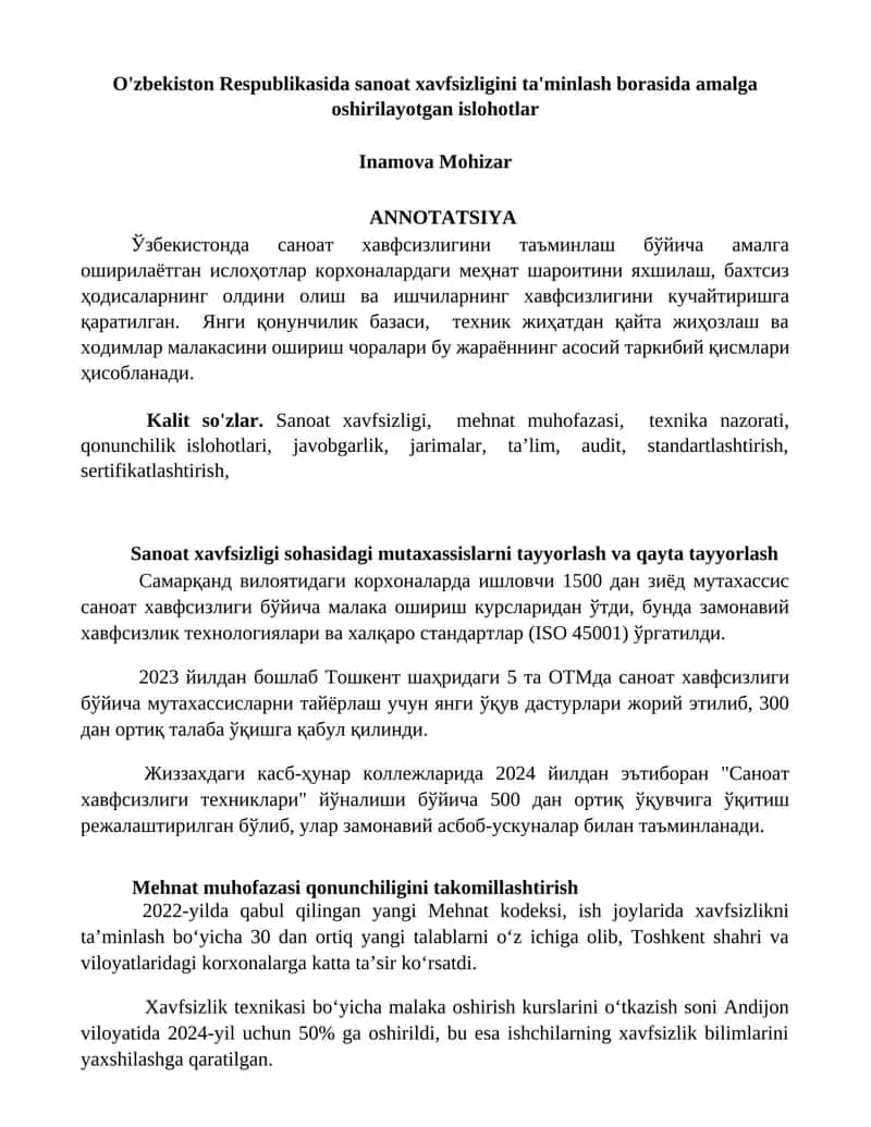 Sanoat xavfsizligini ta'minlash borasida amalga oshirilayotgan islohotlar 1