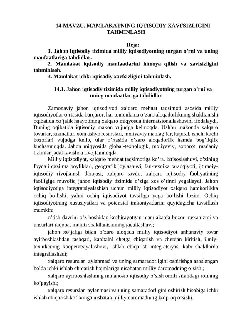 MAMLAKATNING IQTISODIY XAVFSIZLIGINI TAHMINLASH 1
